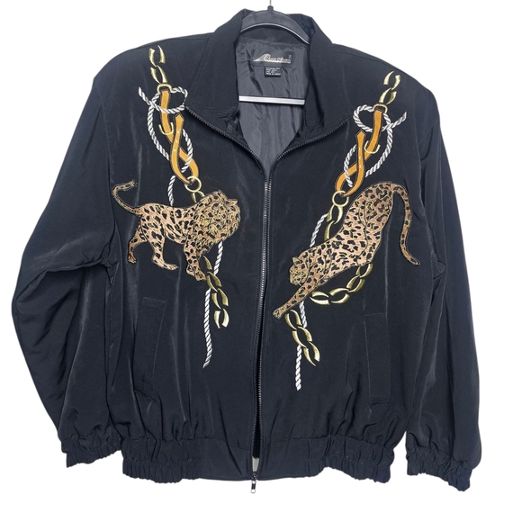Vintage Elegant Black Bomber Jacket with Animal Print - Picture 1 of 5